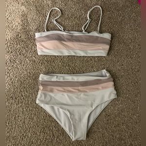 Tan, white, and pink striped bikini set